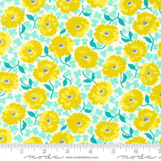 Yellow flowers with blue petals on a white background.