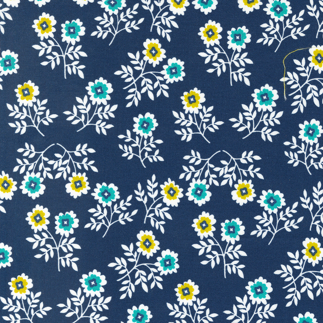 White outline flowers with yellow and blue inside on a dark blue background