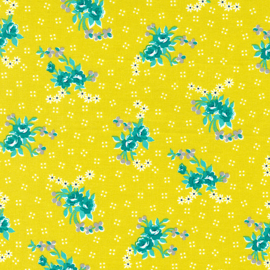 aqua green flowers on a sunny yellow background