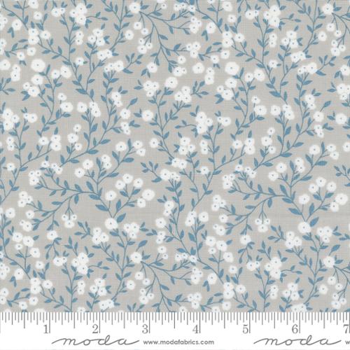 grey fabric with white small flowers and blue leaves and stems